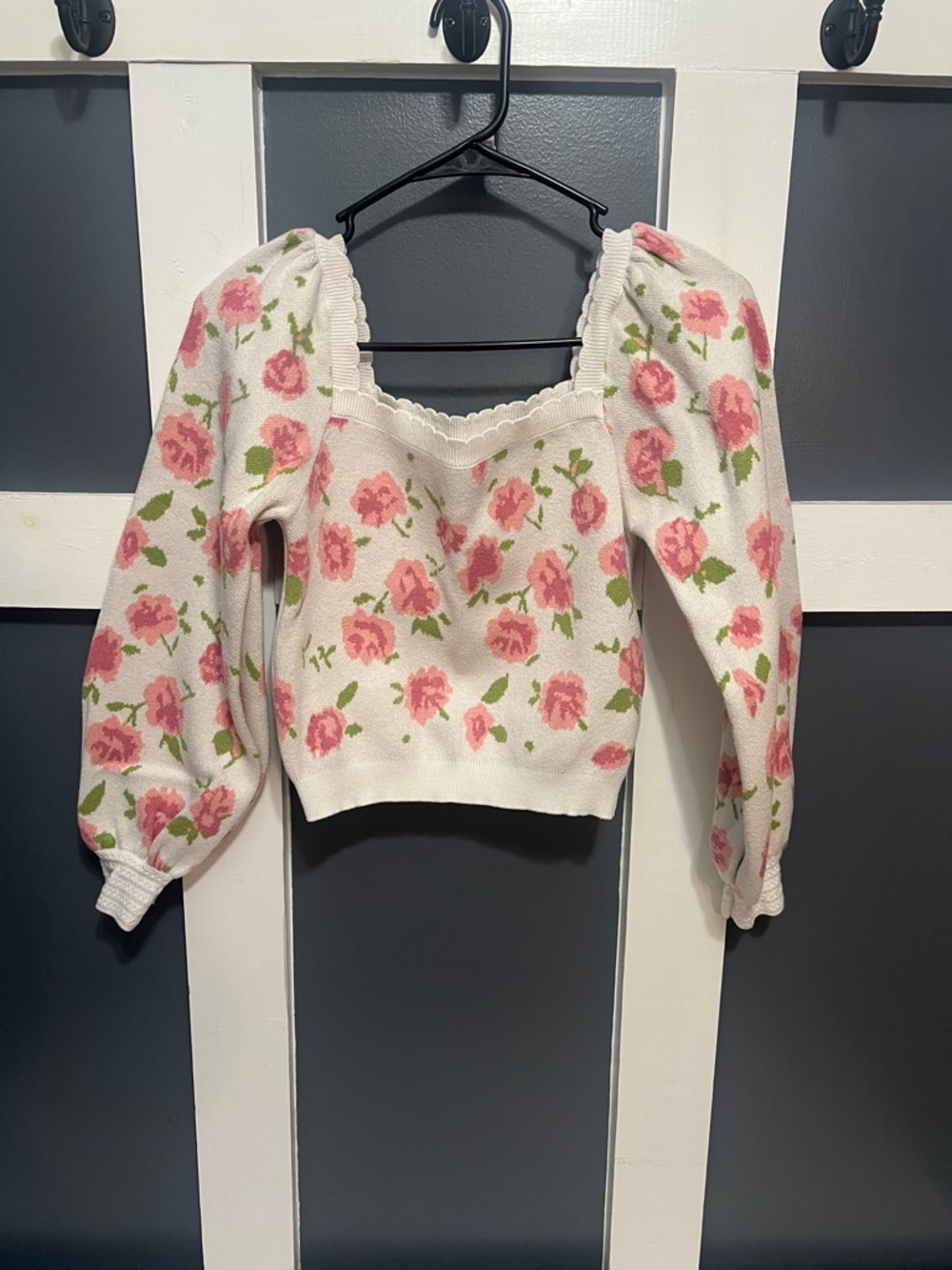 Floral Square Neck Puff Sleeve Sweater Top - White/Pink